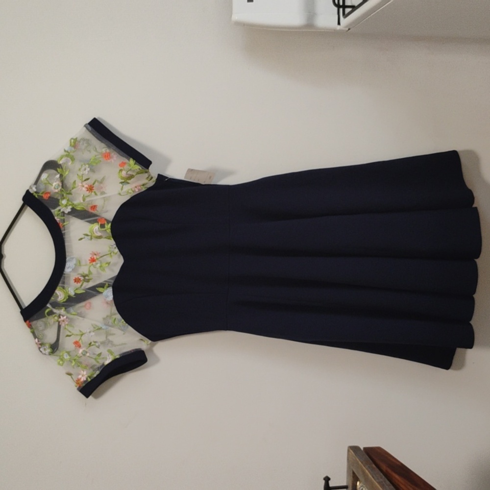 Ixia | Navy Babydoll Dress w Sheer Embroidered Floral Top | Women's L | NWT